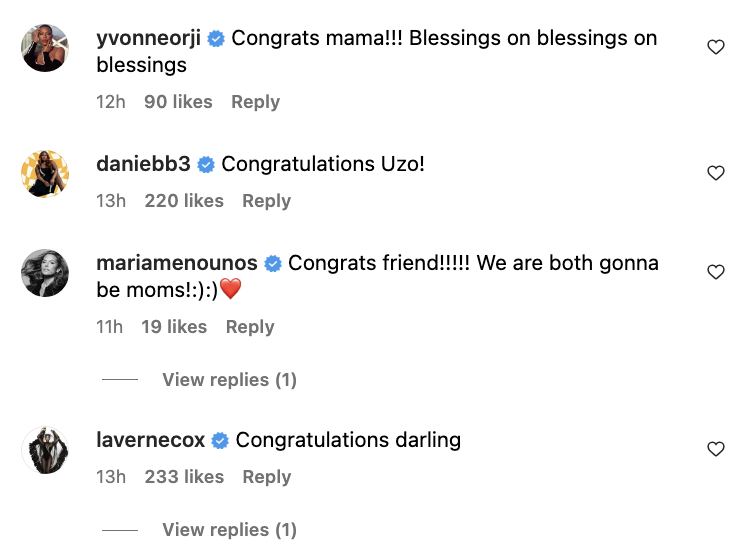 Well-wishes from celebrities, including Yvonne Orji, Laverne Cox, and Maria Menounos, on Uzo Aduba's pregnancy announcement post