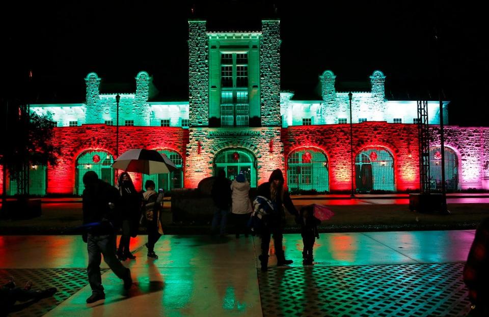 A light show is displayed on Union Station at Scissortail Park in Oklahoma City, Saturday, Nov. 28, 2020.