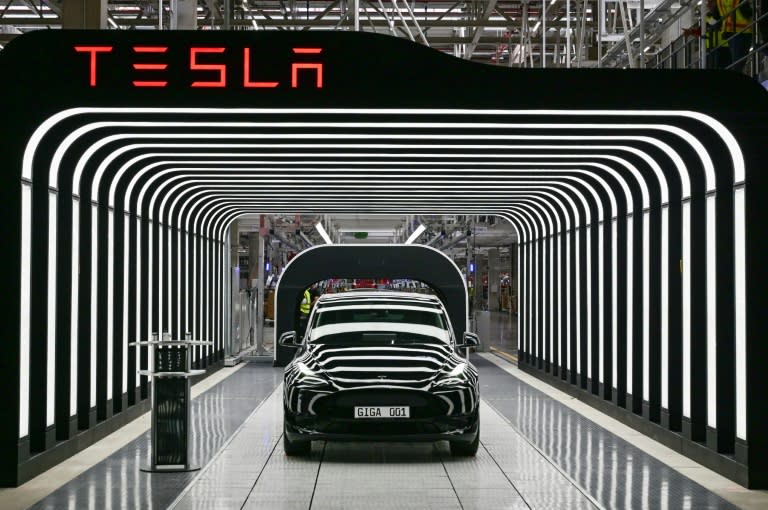 Le modèle Y de Tesla dans l'usine de Grünheide, près de Berlin, le 22 mars 2022 (Patrick Pleul)