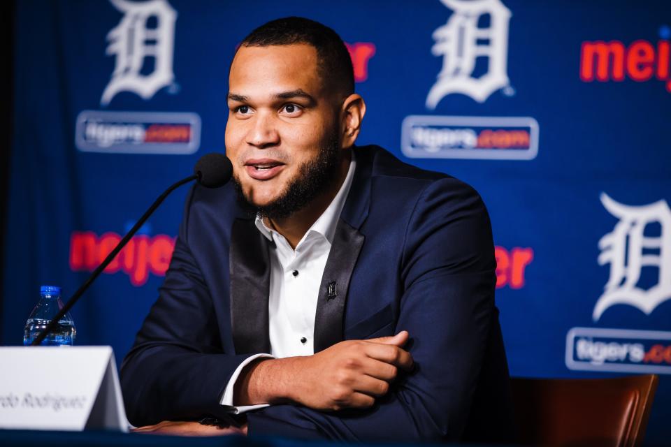 Eduardo Rodriguez’s contract signing and introductory press conference at Comerica Park in Detroit, Michigan on November 22, 2021.