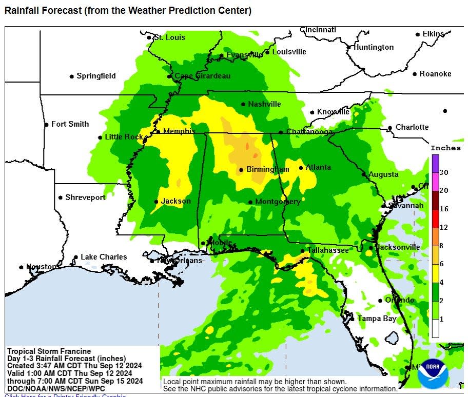 The National Hurricane Center's rainfall graphic for Tropical Storm Francine at 4 a.m. CDT September 12, 2024.