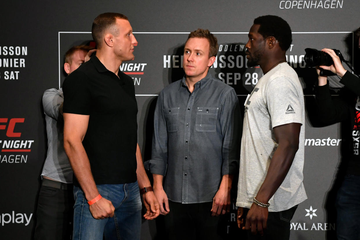 COPENHAGEN, DENMARK - SEPTEMBER 26:  (L-R) Jack Hermansson of Sweden and Jared Cannonier face off during the UFC Fight Night Ultimate Media Day at the Radisson Blu Scandinavia Hotel on September 26, 2019 in Copenhagen, Denmark. (Photo by Jeff Bottari/Zuffa LLC/Zuffa LLC via Getty Images)