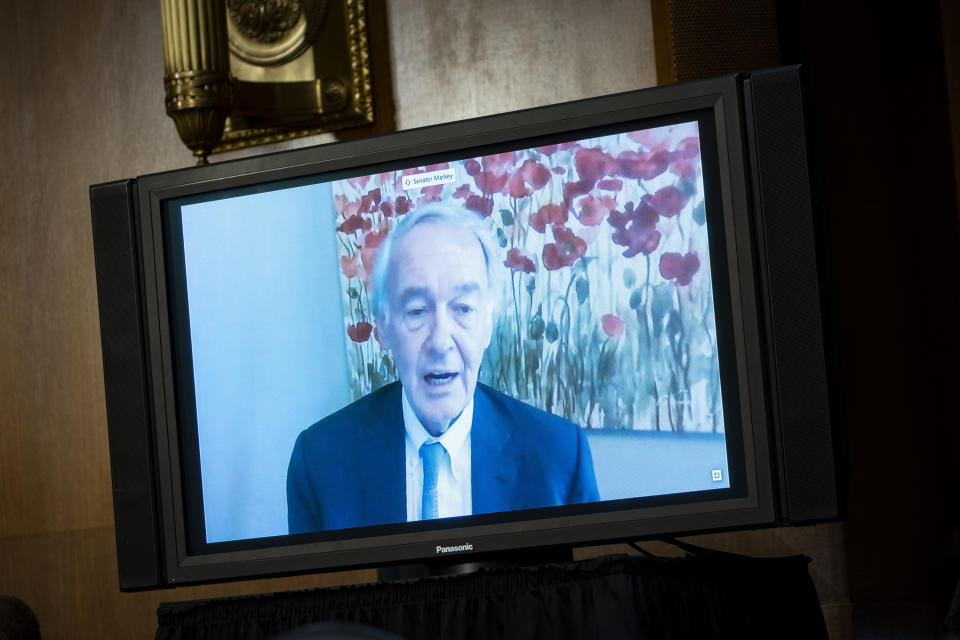 Sen. Ed Markey, a D-Mass., speaks virtually during a Senate Environment and Public Works Committee oversight hearing to examine the Environmental Protection Agency, Wednesday, May 20, 2020 on Capitol Hill in Washington. (Al Drago/Pool via AP)