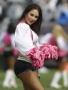 <p>Oakland Raiders cheerleaders perform during the first half of an NFL football game between the Oakland Raiders and the Kansas City Chiefs in Oakland, Calif., Sunday, Oct. 16, 2016. (AP Photo/Marcio Jose Sanchez) </p>