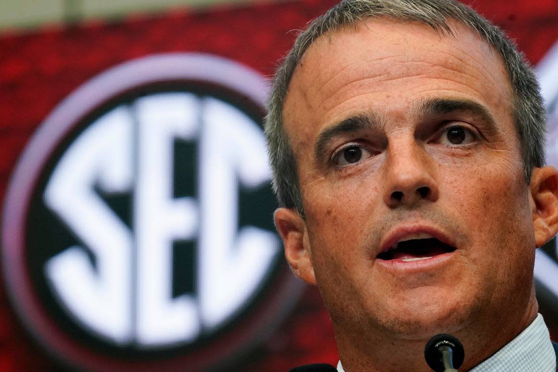 South Carolina head coach Shane Beamer speaks during the SEC’s media days on Tuesday in Atlanta.