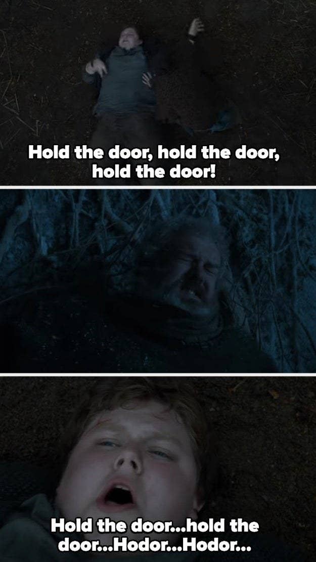 kid on the ground saying, hold the door hold the door hodor hodor