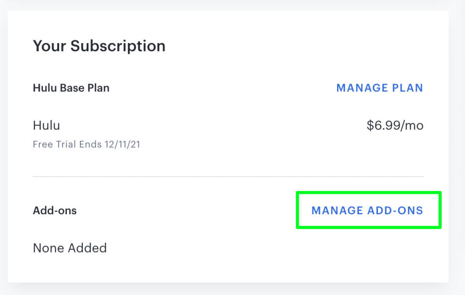 Manage add-ons in Hulu account settings