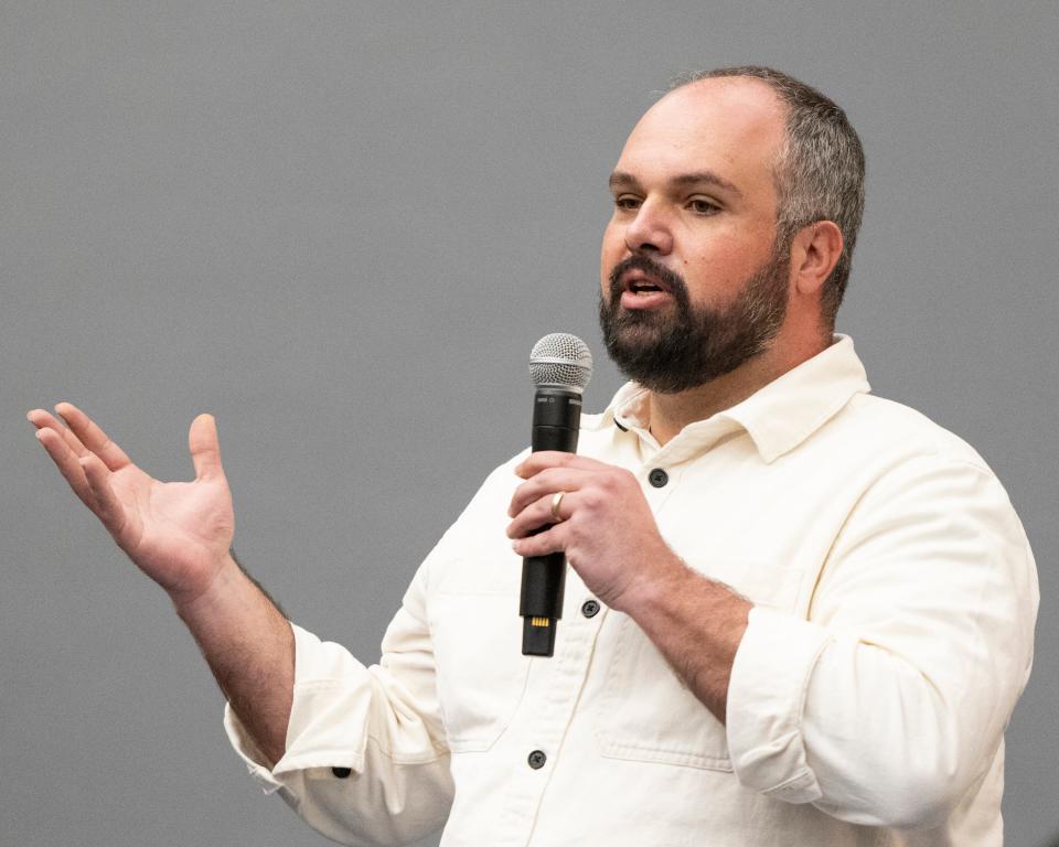 Community organizer Jess Eddy speaks during a town hall meeting to discuss the future of Oklahoma County's jail, Monday, Jan. 29, 2024, at Metro Technology Centers Springlake Campus Auditorium in Oklahoma City.