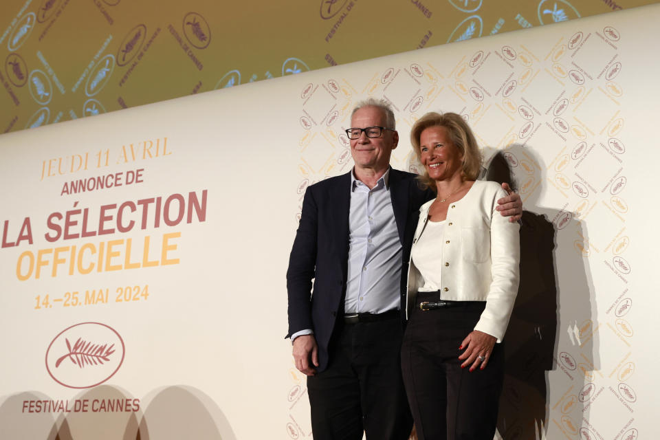 Cannes film festival president Iris Knobloch, right, and Cannes film festival delegate general Thierry Fremaux pose after announcing the International Cannes film festival lineup for the upcoming 77th edition of the Cannes Film Festival, Thursday, April 11, 2024 in Paris. The Cannes Film Festival will run from May 14 to May 25 2024. (AP Photo/Aurelien Morissard)