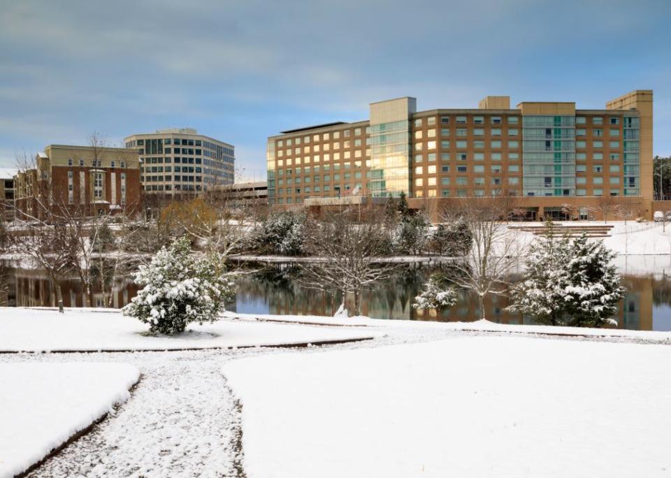 Snow blankets the grounds around pond in the Herndon-Dulles Technology Corridor.