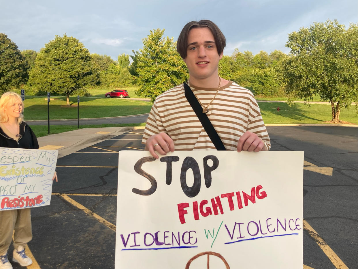 Gabe Moore, 17, protesting outside his high school in opposition of a Missouri school district's new corporal punishment policy. (Courtesy Kalia Miller)