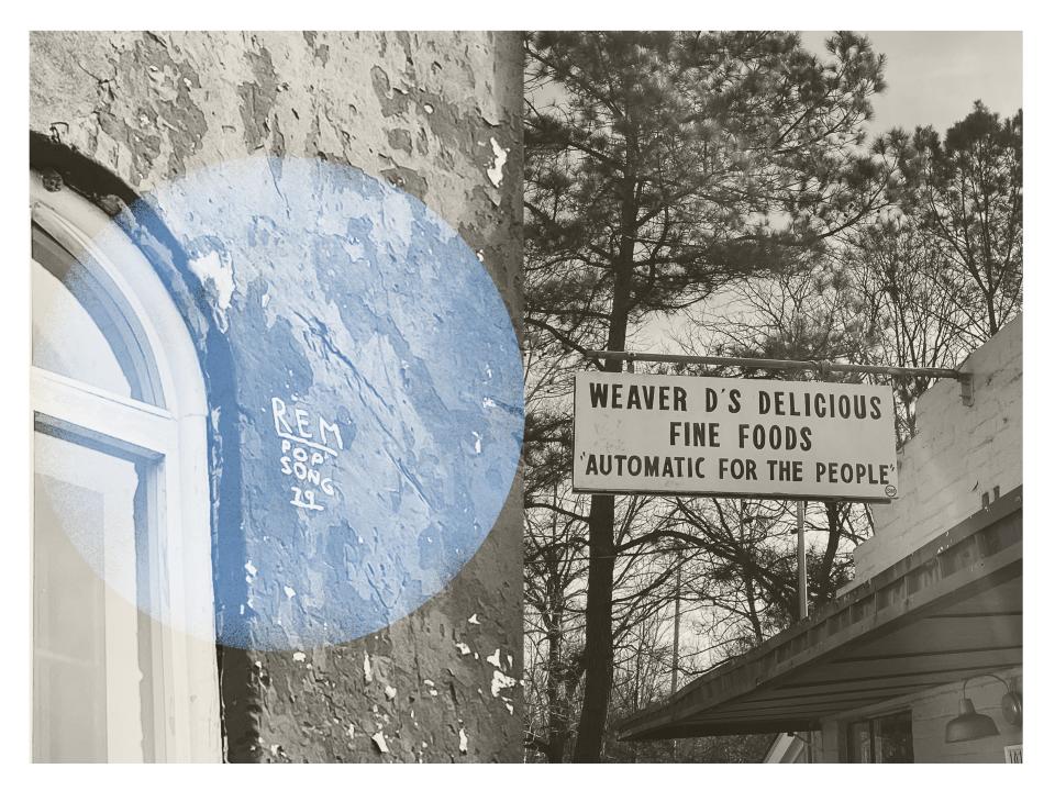 From left: the deconsecrated Episcopal church where the four band members used to bunk together, and where they played their first set on April 5, 1980; Athens soul-food shack Weaver D’s, whose slogan inspired the title of R.E.M.’s 1992 album.