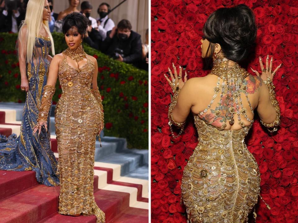 Front and back of Cardi B's met gala dress made of gold chains