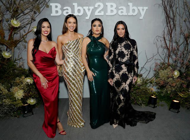 <p>Presley Ann/Getty Images for Baby2Baby</p> Vanessa Bryant, Jessica Alba, Salma Hayek Pinault and Kim Kardashian attend 2023 Baby2Baby Gala