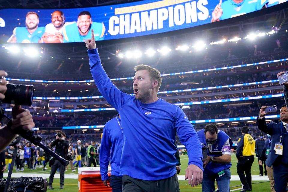 Head coach Sean McVay celebrates after the Rams defeated the 49ers in the NFC Championship Game on Jan. 30. McVay has led the Rams to their second Super Bowl in four seasons.