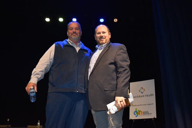 (From Left) Scott Shehan and Tod Kinlaw stand together after the candidate forum held at Gaston Christian School on Wednesday, Feb. 7.