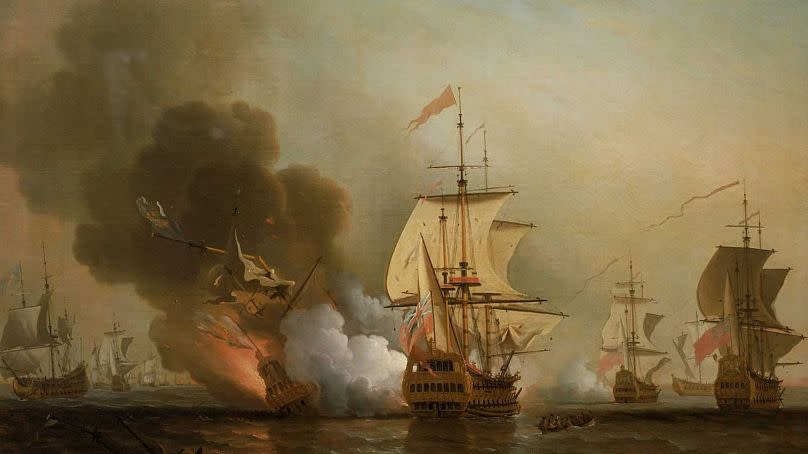 An oil on canvas of the San José during Wager's Action, by Samuel Scott. 