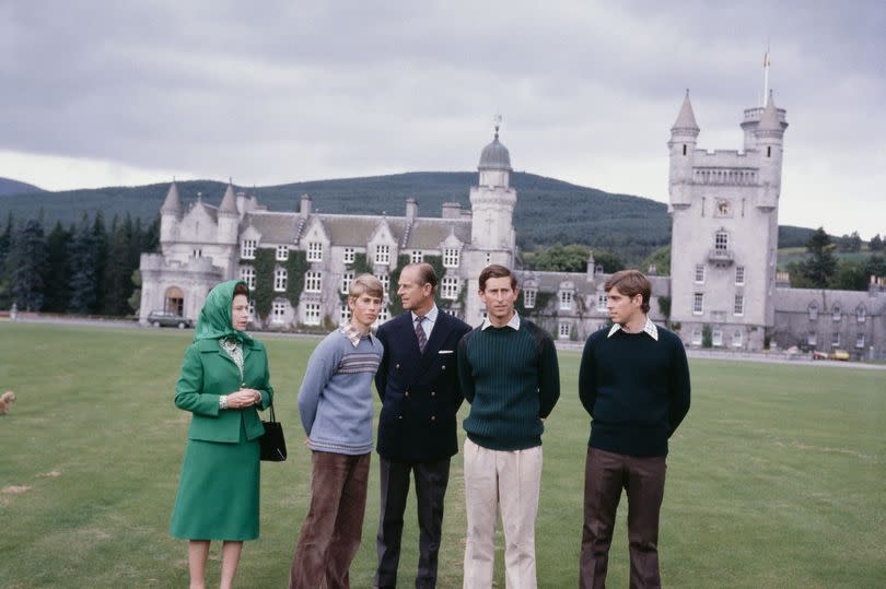 Queen Elizabeth II with Prince Philip, the Duke of Edinburgh and their sons Prince Edward (second from left), Prince Charles (second from right) and Prince Andrew (right) in the grounds of Balmoral Castle in September 1979