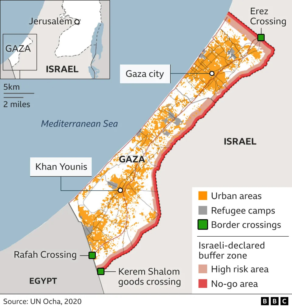 Map of Gaza, showing urban areas, refugee camps and border crossing between Gaza, Israel and Egypt. The map also shows the buffer zone declared by Israel