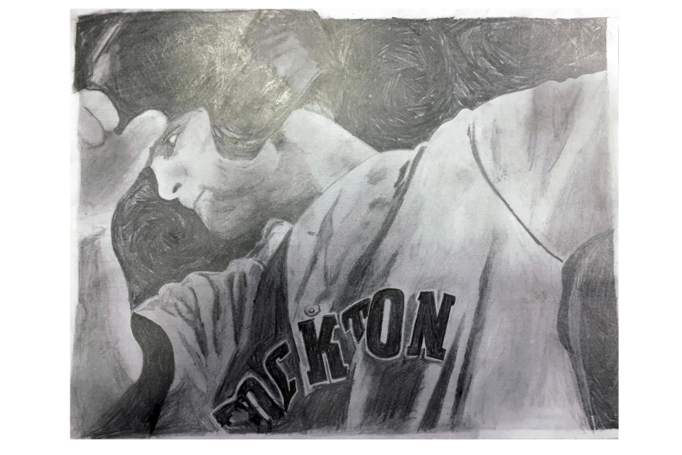 This drawing provided by San Francisco Giants baseball coach Ryan Christenson shows Chad Pinder on deck. "He's an artist," said New York Yankees star Juan Soto, who spent 1 1/2 years with Christenson in San Diego. (Ryan Christenson via AP)