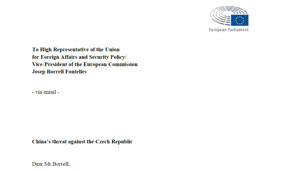 歐洲議會議員聯名致函呼籲歐盟（EU）外交和安全政策高級代表波瑞爾（Josep Borrell）表態力挺捷克。   圖:gregorova.eu