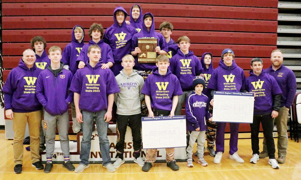 Watertown captured its fourth-straight team championship in the Region 1A high school wrestling tournament on Saturday, Feb. 18, 2023 in Madison. Team members include, from left in front, assistant coach Aaron Althoff, Tucker Urdahl, Jax Kettwig, RJ Nichols, Sloan Johannsen, Brant Pitkin, Ian Johnson, head coach Chas Welch and assistant coach Nate Althoff; and back, Markus Pitkin, Gage Lohr, Derek Hanson, Brock Eitreim, Micah Hach, Braden Le, Jackson Maag, Weston Everson and Leo Stroup. Not pictured is Matthew Peters.