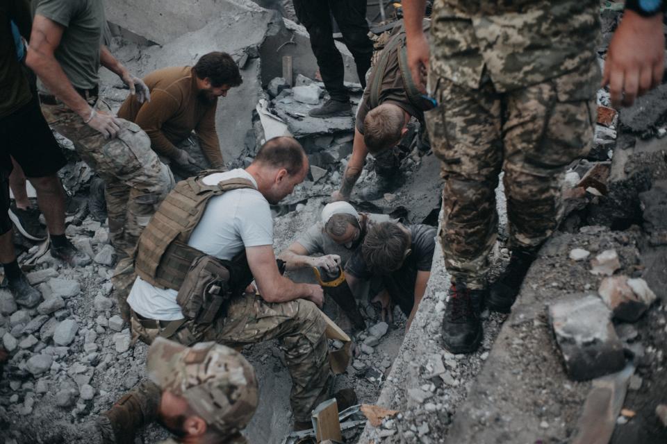 Search and rescue efforts continue after a Russian missile attack hit Ria Restaurant, popular place of meeting in the city of Kramatorsk, Ukraine on June 27, 2023.