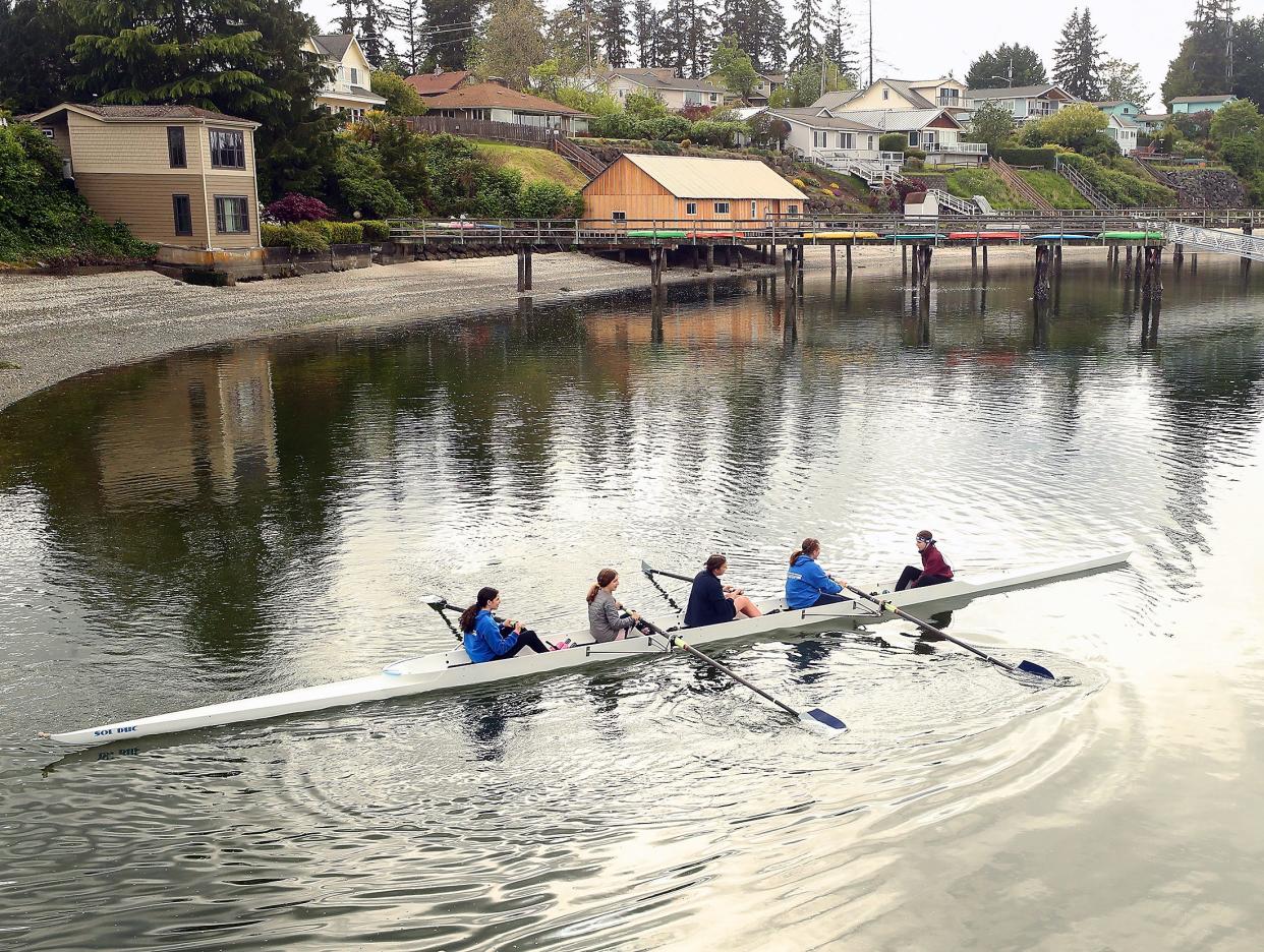 Clam Island Rowing team members (left to right) Ava Rudon, Mia Kalmbach, Addison Winger, Abby Holland and Clara Walsh head for open water after launching from the shore of the Keyport Marina on Tuesday, May 17, 2022. 