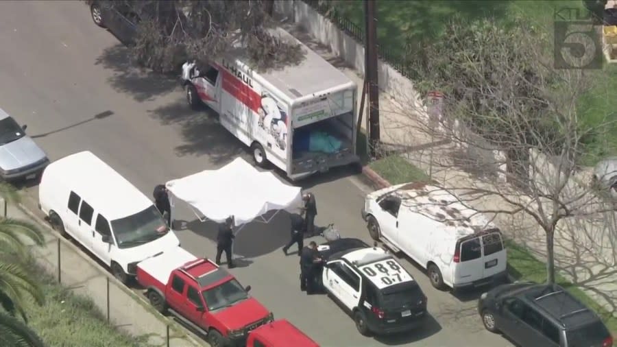 The victim’s body was found wrapped in tarp in the back of the U-Haul. April 18, 2024. (KTLA)