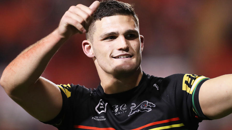 Nathan Cleary is pictured celebrating after Penrith's win over Sydney.