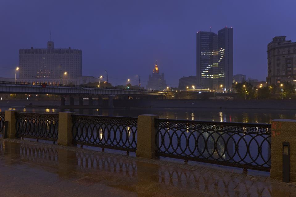 FILE The government, left, and Moscow's city hall building with the he letter Z, which has become a symbol of the Russian military and a hashtag reading "We don't abandon our own" are seen in the morning light on the opposite bank of Moscow River in Moscow, Russia, early Sunday, Sept. 25, 2022. (AP Photo/Yuri Degtyarev, File)