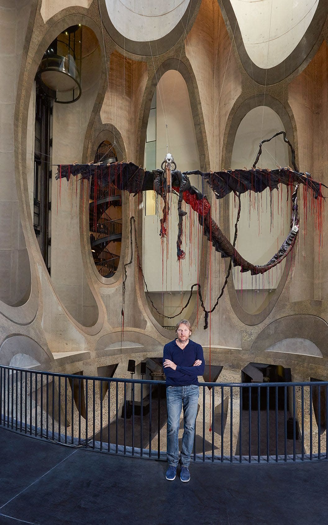 Jochen Zeitz, at the new Zeitz MOCAA, standing in front of Nicholas Hlobo’s Iimpundulu Zonke Ziyandilenda, a seminal piece based on the Xhosa myth of the Lightning Bird - TinaHillier2017