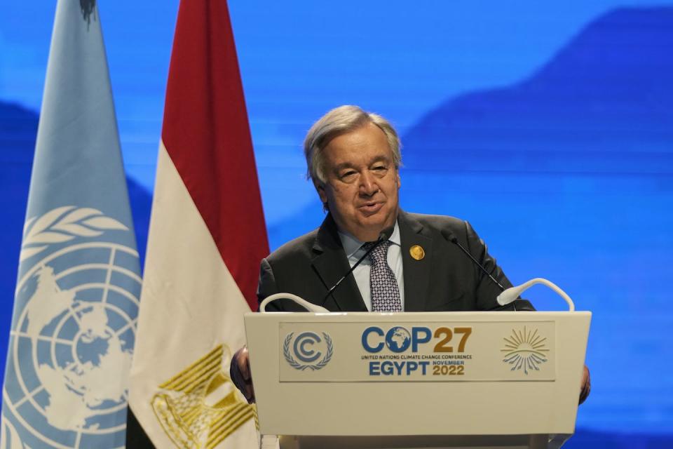 United Nations Secretary-General Antonio Guterres speaks during a session at the COP27 UN Climate Summit, on Nov. 9, 2022, in Sharm El-Sheikh, Egypt. (AP Photo/Peter Dejong)