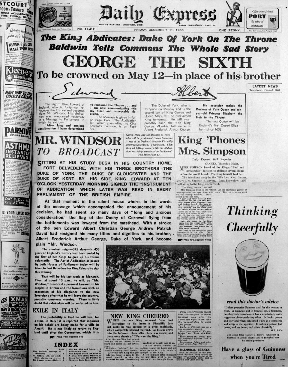 The Daily Express newspaper headline carrying the story of the abdication of King Edward VIII