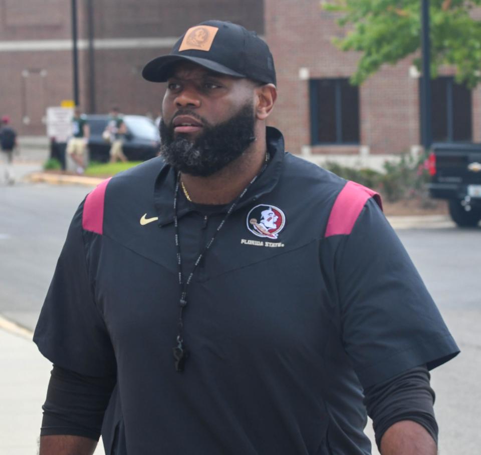 Florida State offensive coordinator Alex Atkins arrives for an FSU spring football practice of the 2023 season on Friday, March 10, 2023.