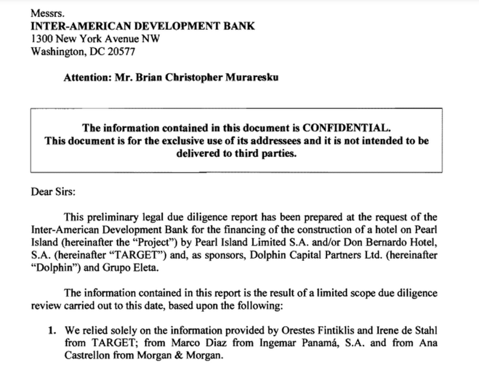 This screenshot from a Pandora Papers document shows Orestes Fintiklis and his Panamanian partners at Grupo Eleta seeking support in November 2011 from the Inter-American Development Bank for a luxury resort development on the Pedro Gonzalez islands off of the Panamanian mainland.