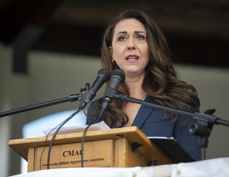 FILE - Rep. Jaime Herrera Beutler, R-Wash., speaks at a Memorial Day observance event on May 30, 2022, in Vancouver, Wash. Primary elections are behind held in six states on Tuesday. (Taylor Balkom/The Columbian via AP, File)