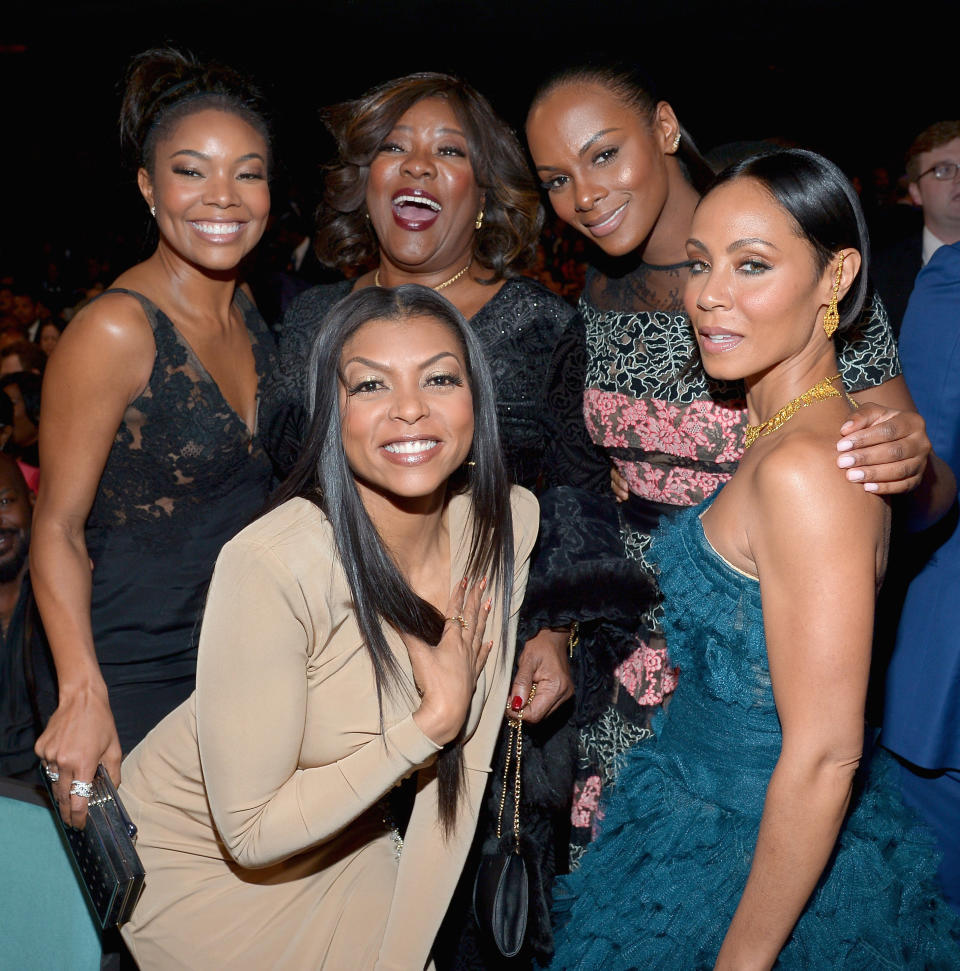 (L-R) Actresses Gabrielle Union, Taraji P. Henson, Loretta Devine, Tika Sumpter, and Jada Pinkett Smith attend the 47th NAACP Image Awards.