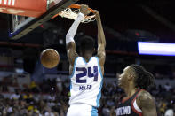 Charlotte Hornets forward Brandon Miller (24) dunks against the Portland Trail Blazers during an NBA summer league basketball game Tuesday, July 11, 2023, in Las Vegas. (Ellen Schmidt/Las Vegas Review-Journal via AP)