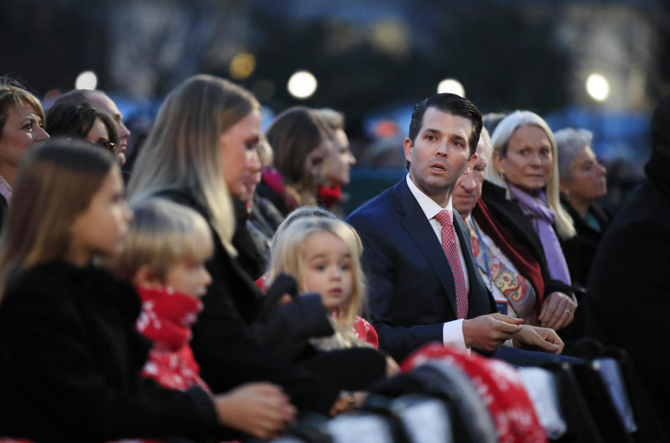 <p>Donald Trump Jr., his wife Vanessa Trump, and their family watch performances during the National Christmas Tree lighting ceremony at the Ellipse near the White House in Washington, Thursday, Nov. 30, 2017. (Photo: Manuel Balce Ceneta/AP) </p>