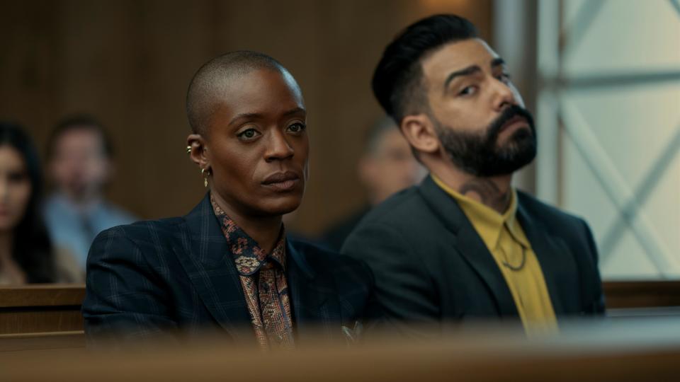 T'Nia Miller as Victorine and Rahul Kohli as Napoleon in The Fall of the House of Usher