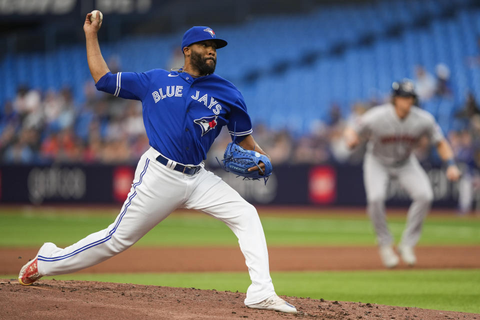 Toronto Blue Jays relief pitcher Jay Jackson throws against the Houston Astros in first-inning baseball game action in Toronto, Ontario, Monday, June 5, 2023. (Andrew Lahodynskyj/The Canadian Press via AP)
