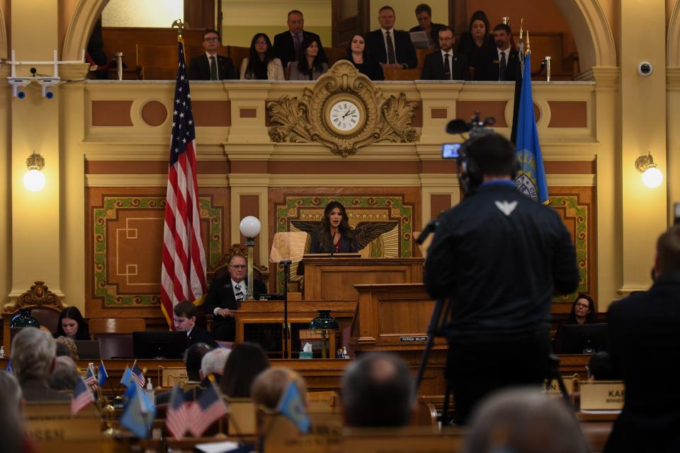 Gov. Kristi Noem speaks to lawmakers during the annual budget address on Tuesday, Dec. 5, 2023 at the South Dakota State Capitol in Pierre.