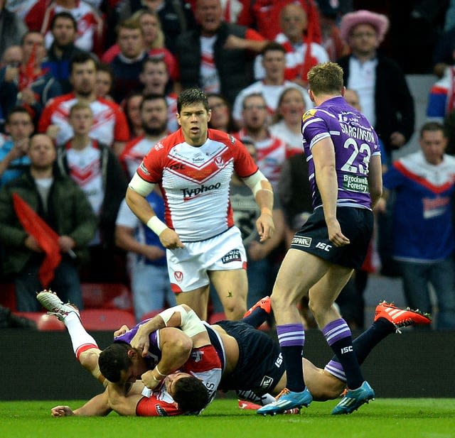 Wigan's Ben Flower tackles Paul Wellens of St Helen's before his dismissal