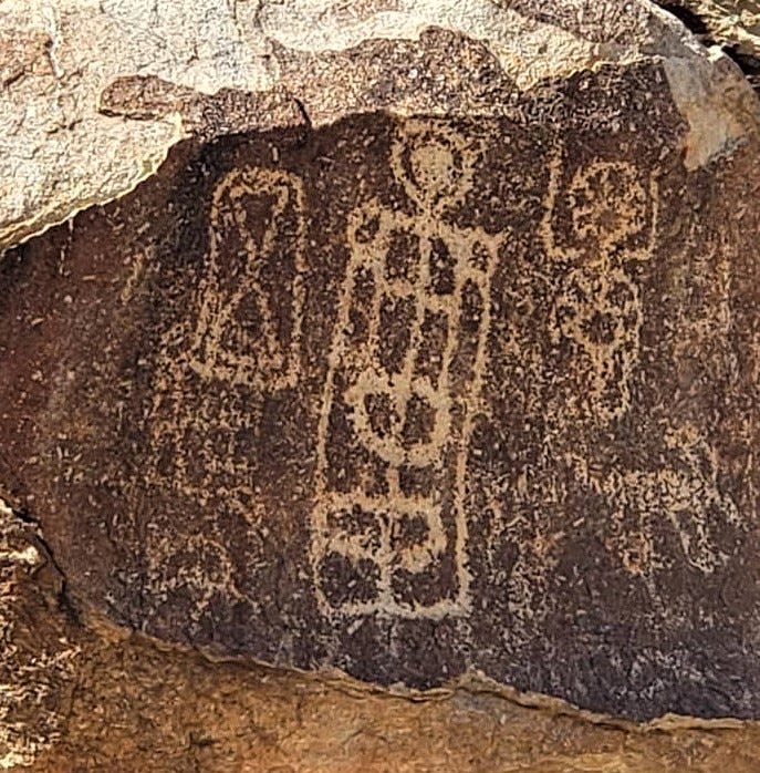 What appears to be an alien carved into Grapevine Canyon as seen on 1/7/22. Thousands of petroglyphs created by early Native Americans near Laughlin, Nevada.