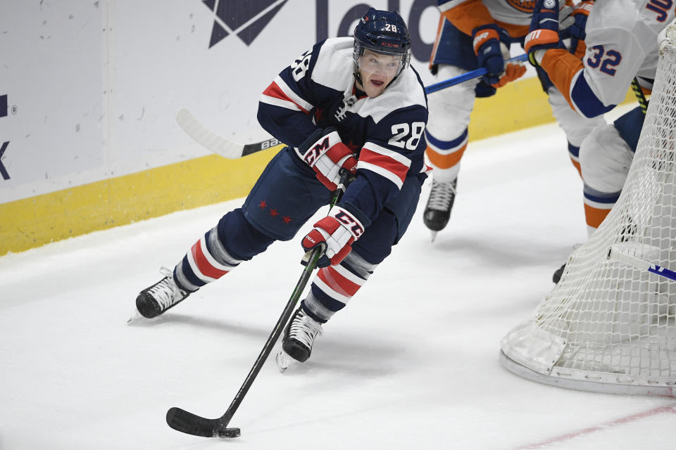 Washington Capitals left wing Daniel Carr skates with the puck during the first period of the team's NHL hockey game against the New York Islanders, Tuesday, Jan. 26, 2021, in Washington. (AP Photo/Nick Wass)