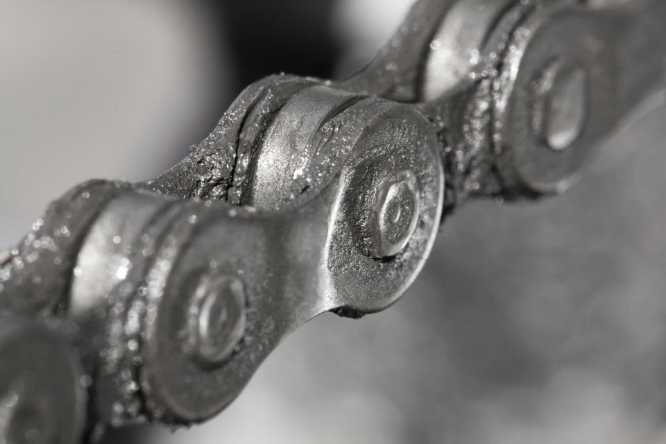 Close-up of a well-oiled bike chain.