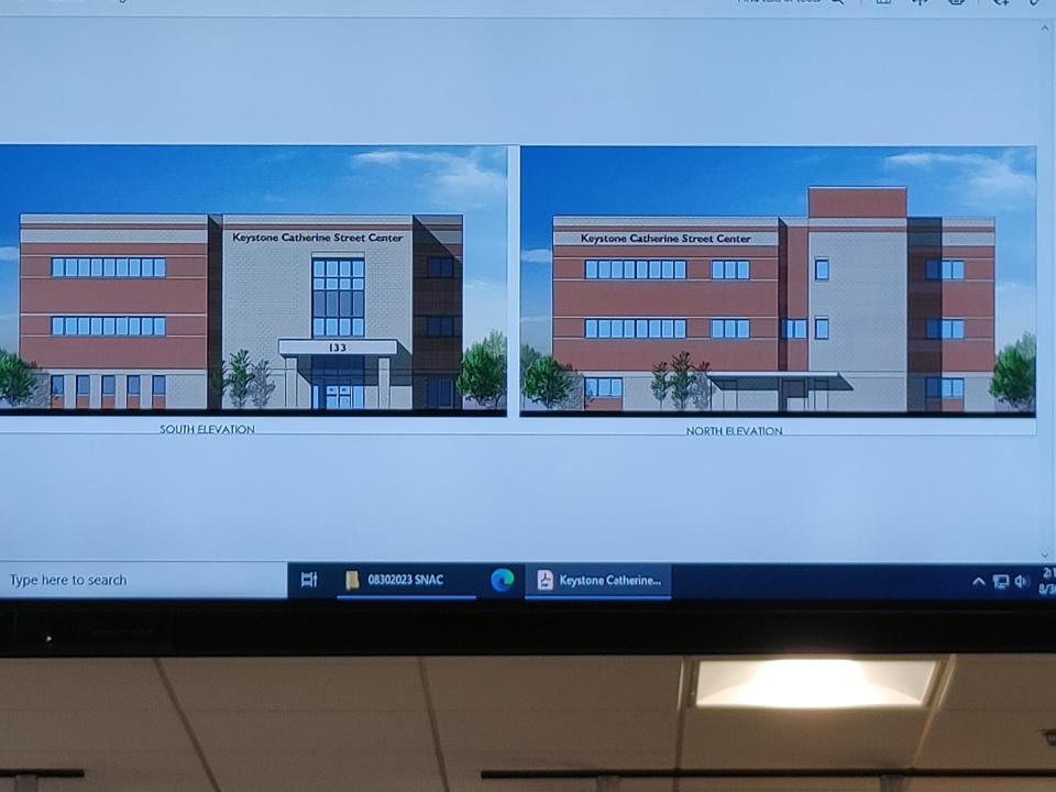 A rendering of the future Keystone Catherine Street Center. This is a photo of a slide in a presentation made during the Southgate Neighborhood Advisor Council's meeting on Aug. 30, 2023.