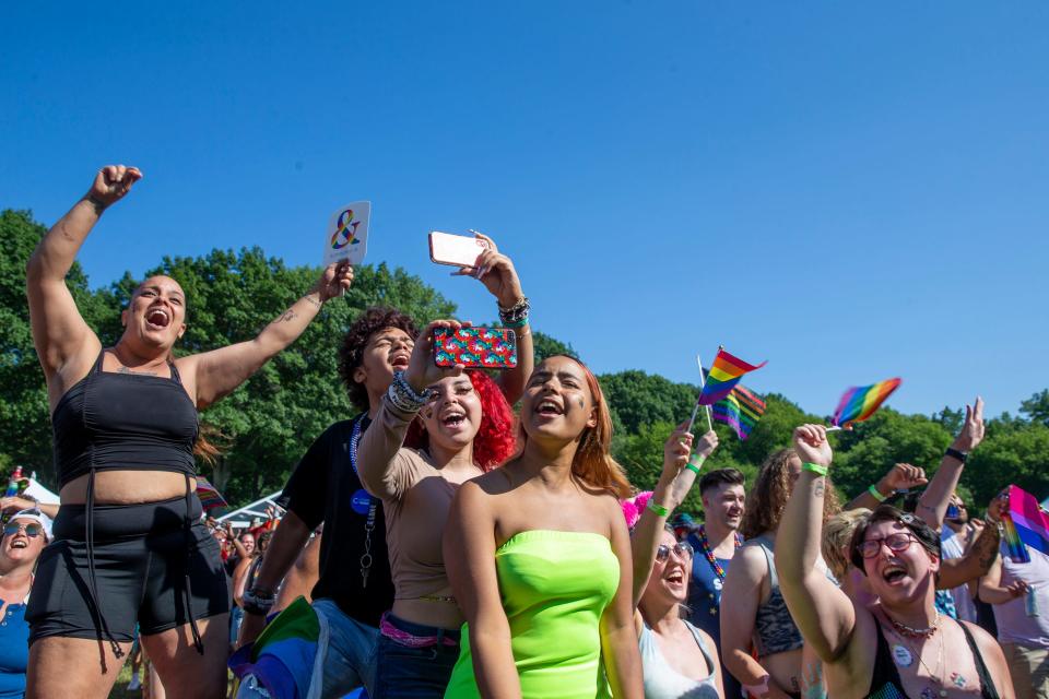 People cheer at the 2022 Rochester Pride Parade in Rochester, N.Y. on July 16, 2022.