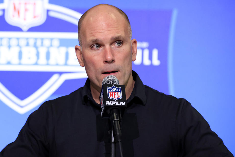 INDIANAPOLIS, INDIANA – MARCH 01: General Manager Eric DeCosta of the Baltimore Ravens speaks to the media during the NFL Combine at Lucas Oil Stadium on March 01, 2023 in Indianapolis, Indiana. (Photo by Justin Casterline/Getty Images)